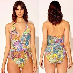 Bleu Rod Beattie Bohemian Paradise Halter One Piece Paisley Boho Swimsuit Sz 12